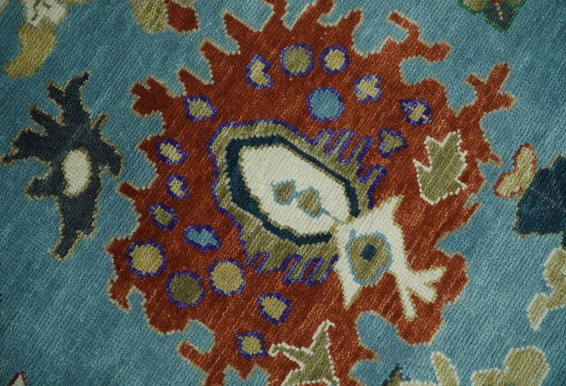 9x12 Hand Knotted Blue, Ivory and Gray vibrant Colorful Oushak Wool Area Rug