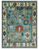 9x12 Hand Knotted Blue, Ivory and Gray vibrant Colorful Oushak Wool Area Rug