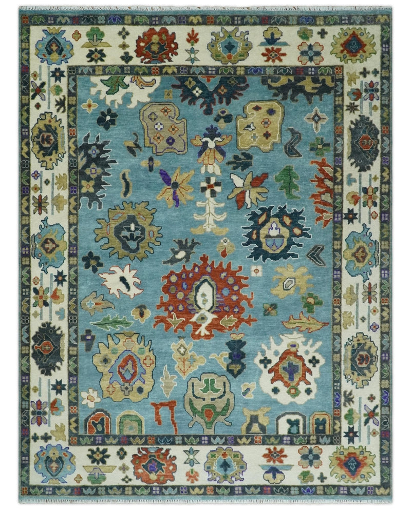 9x12 Hand Knotted Blue, Ivory and Gray vibrant Colorful Oushak Wool Area Rug