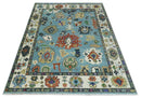 9x12 Hand Knotted Blue, Ivory and Gray vibrant Colorful Oushak Wool Area Rug