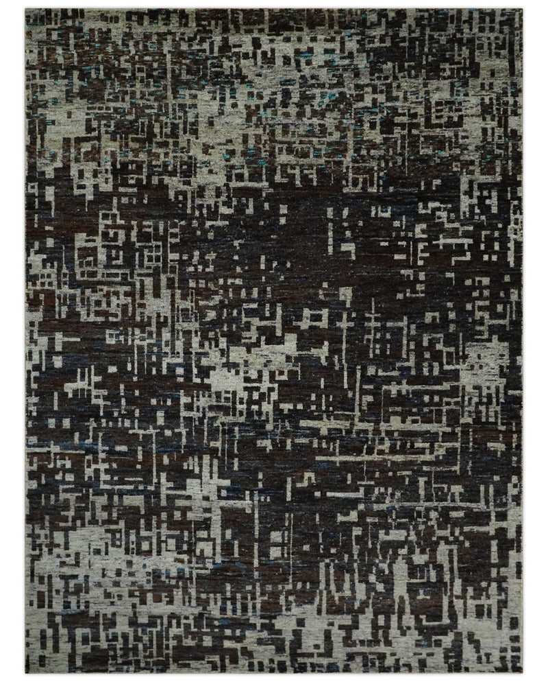 5x8 and 9x12 Hand Knotted Silver, Charcoal and Brown Modern Abstract Contemporary Recycled Silk Area Rug | OP29