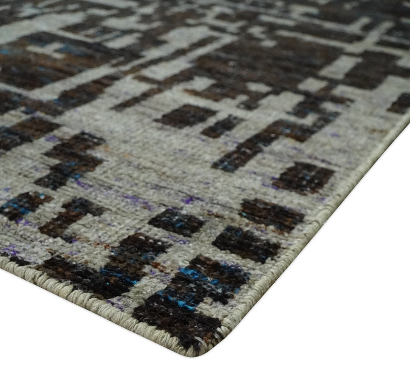 5x8 and 9x12 Hand Knotted Silver, Charcoal and Brown Modern Abstract Contemporary Recycled Silk Area Rug | OP29