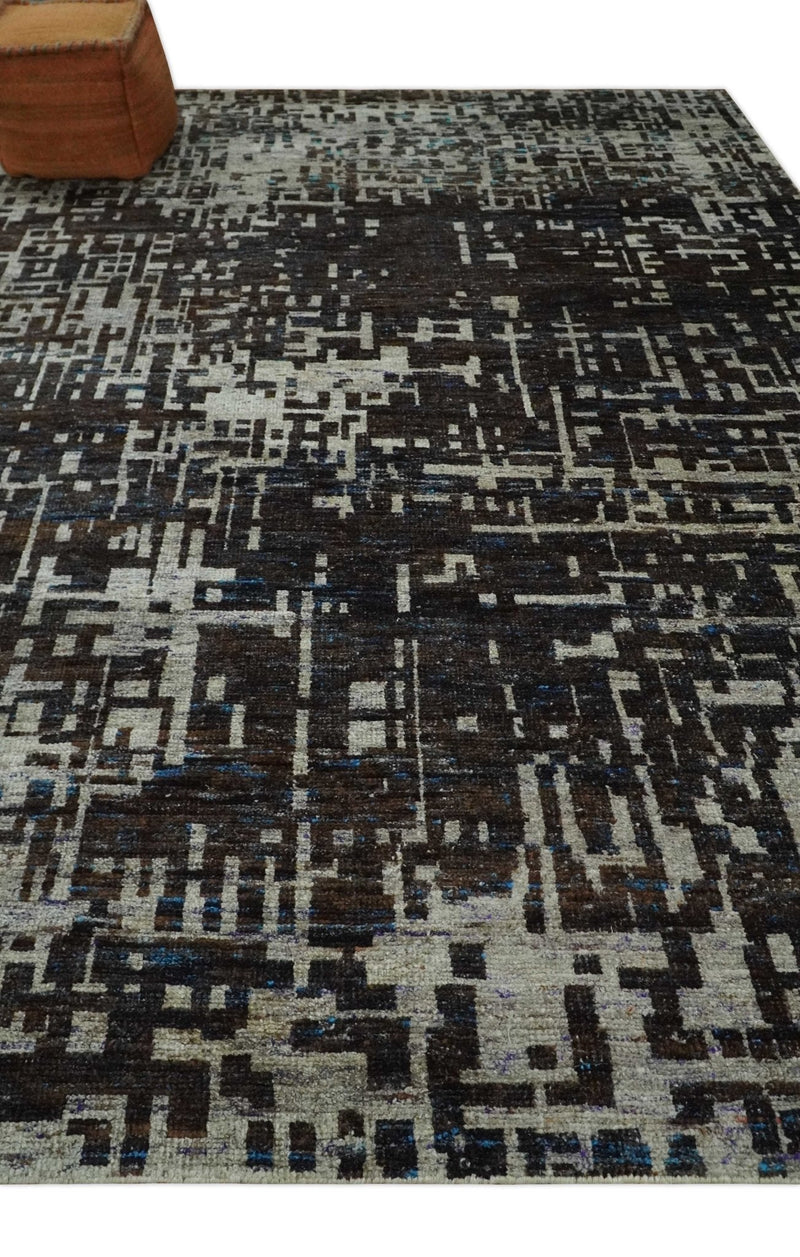 5x8 and 9x12 Hand Knotted Silver, Charcoal and Brown Modern Abstract Contemporary Recycled Silk Area Rug | OP29