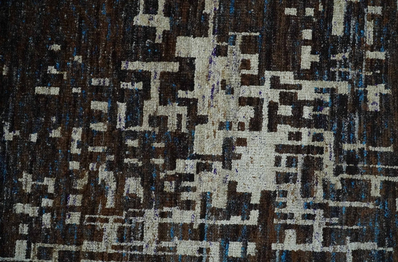 5x8 and 9x12 Hand Knotted Silver, Charcoal and Brown Modern Abstract Contemporary Recycled Silk Area Rug | OP29