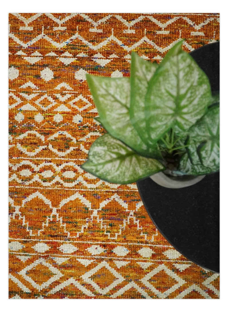 9x12 Hand Knotted Gold and White Modern Contemporary Southwestern Tribal Trellis Recycled Silk Area Rug | OP16