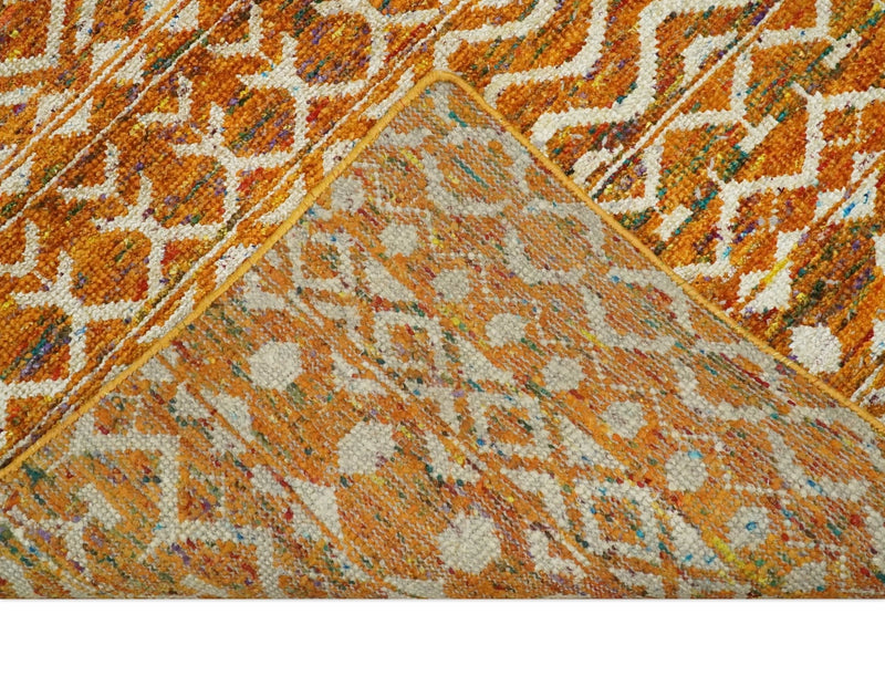 9x12 Hand Knotted Gold and White Modern Contemporary Southwestern Tribal Trellis Recycled Silk Area Rug | OP16