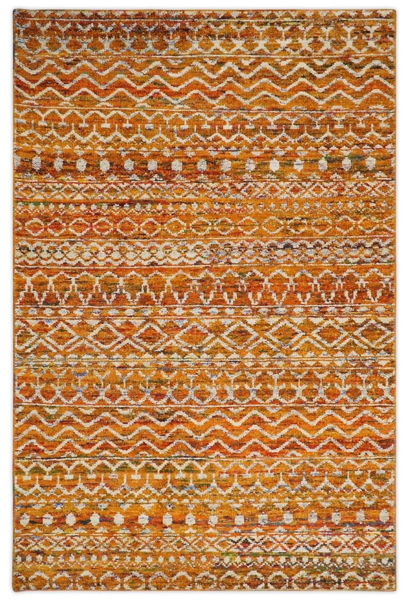 9x12 Hand Knotted Gold and White Modern Contemporary Southwestern Tribal Trellis Recycled Silk Area Rug | OP16
