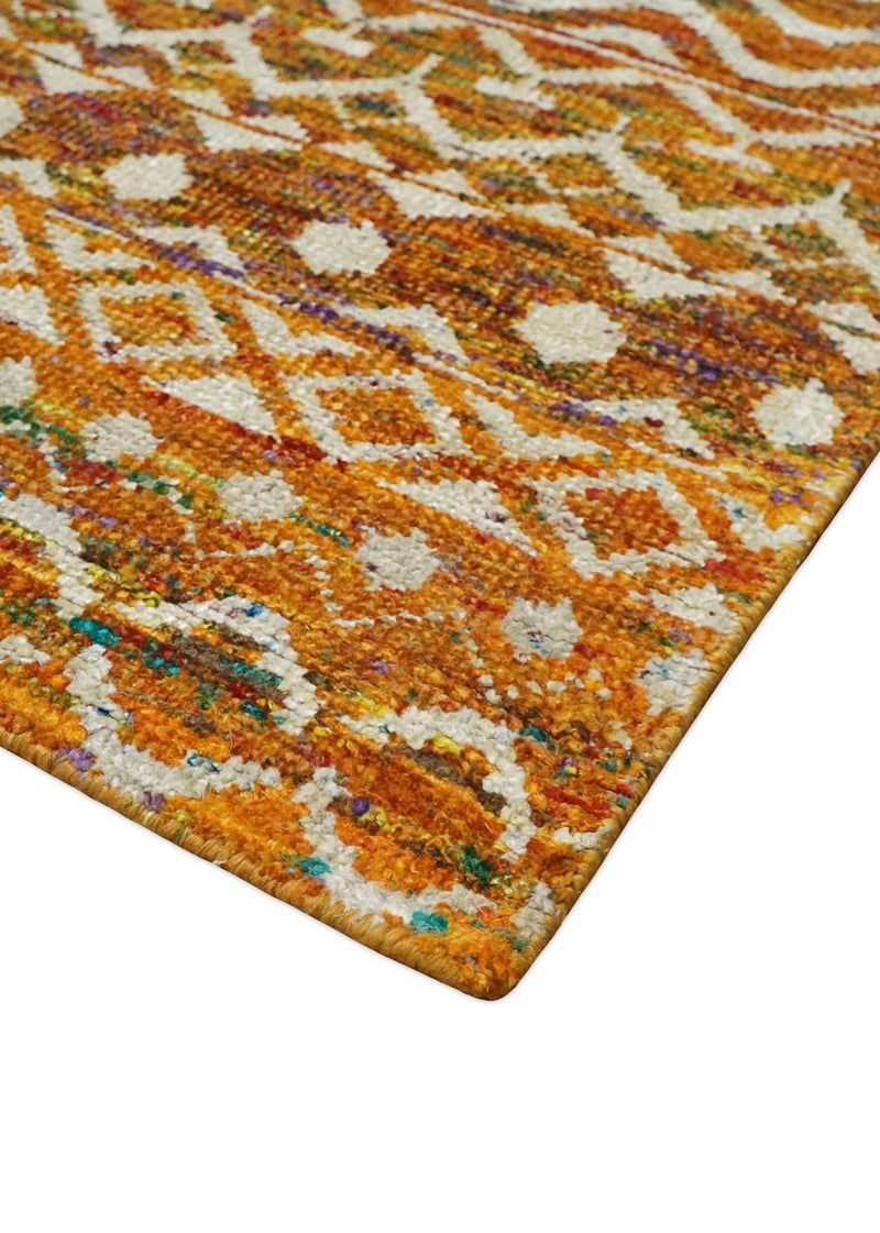 9x12 Hand Knotted Gold and White Modern Contemporary Southwestern Tribal Trellis Recycled Silk Area Rug | OP16