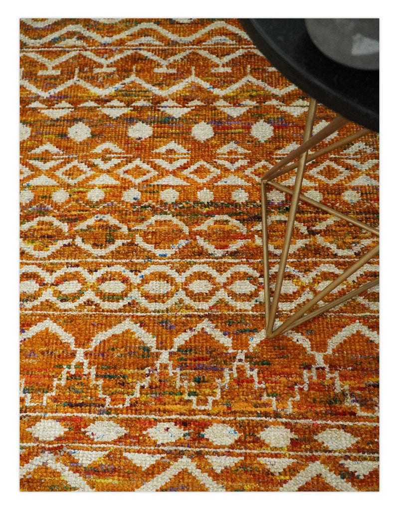 9x12 Hand Knotted Gold and White Modern Contemporary Southwestern Tribal Trellis Recycled Silk Area Rug | OP16