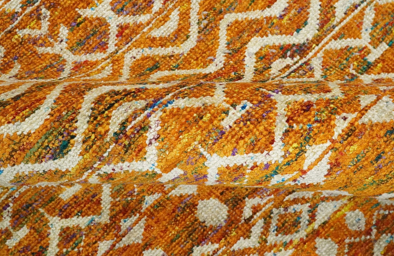 9x12 Hand Knotted Gold and White Modern Contemporary Southwestern Tribal Trellis Recycled Silk Area Rug | OP16