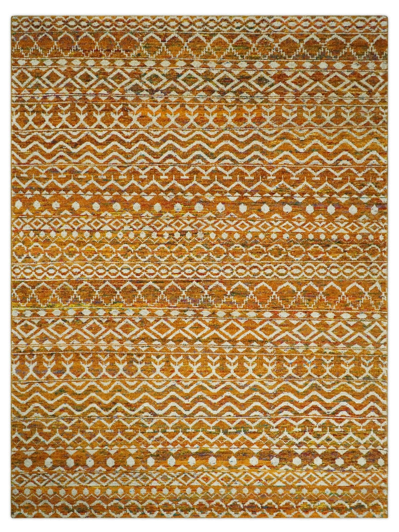 9x12 Hand Knotted Gold and White Modern Contemporary Southwestern Tribal Trellis Recycled Silk Area Rug | OP16