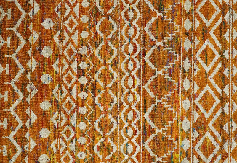 9x12 Hand Knotted Gold and White Modern Contemporary Southwestern Tribal Trellis Recycled Silk Area Rug | OP16