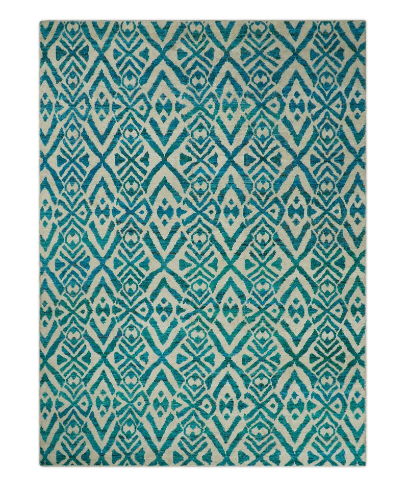 4x6 and 9x12 Hand Knotted Ivory and Blue Modern Contemporary Southwestern Tribal Trellis Recycled Silk Area Rug | OP21