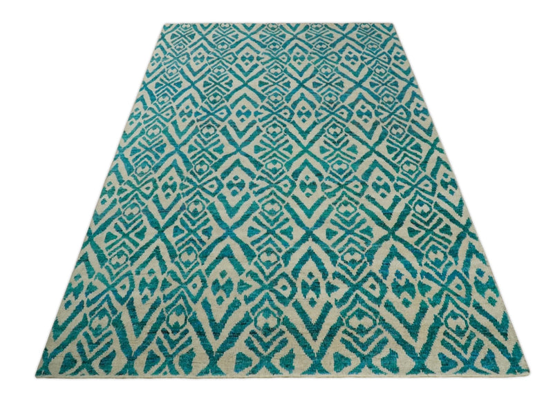 4x6 and 9x12 Hand Knotted Ivory and Blue Modern Contemporary Southwestern Tribal Trellis Recycled Silk Area Rug | OP21