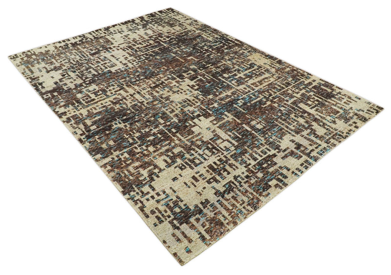 9x12 Hand Knotted Ivory and Brown Modern Abstract Contemporary Recycled Silk Area Rug | OP12