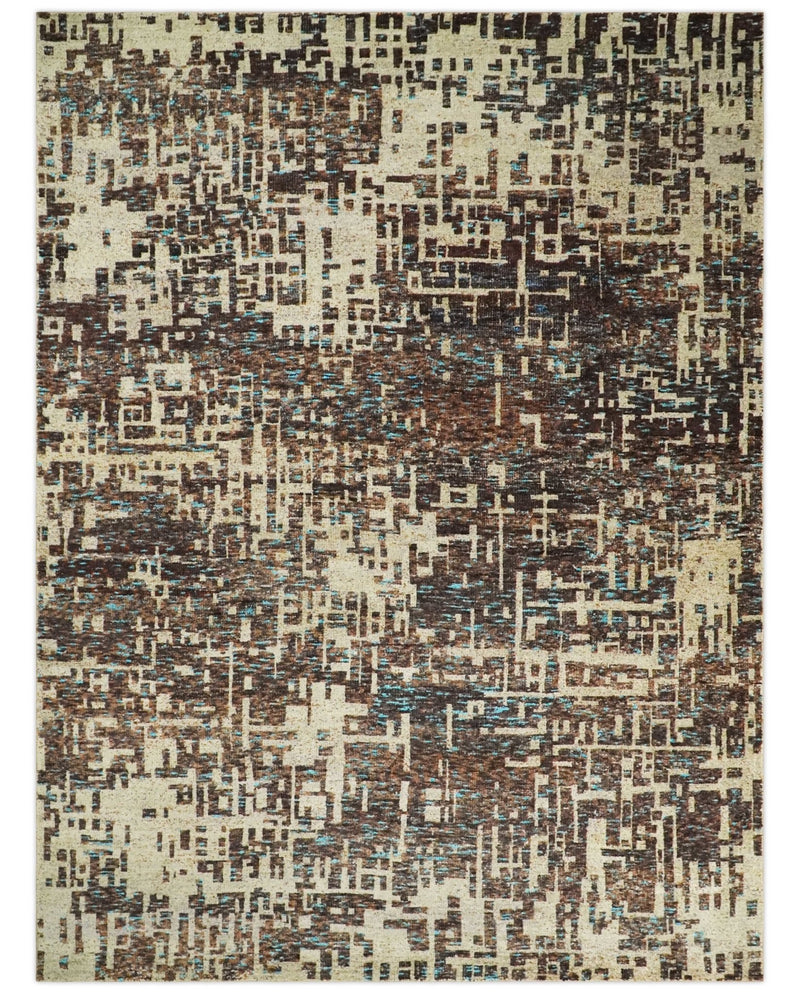 9x12 Hand Knotted Ivory and Brown Modern Abstract Contemporary Recycled Silk Area Rug | OP12