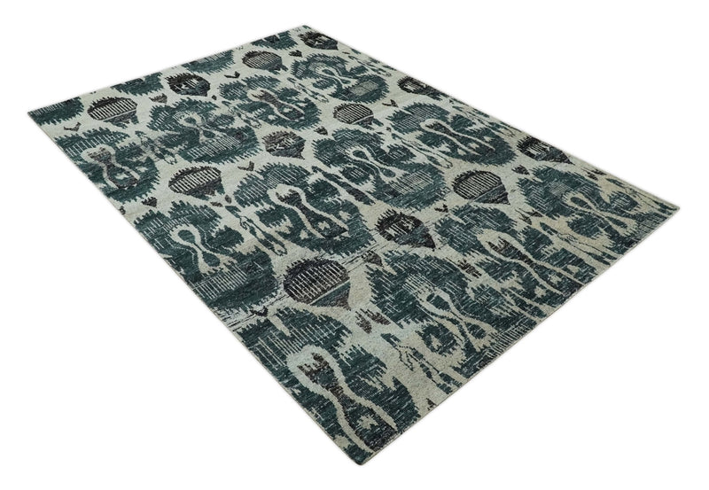 9x12 Hand Knotted Ivory, Teal and Brown  Antique Persian Style Contemporary Recycled Silk Area Rug | OP38
