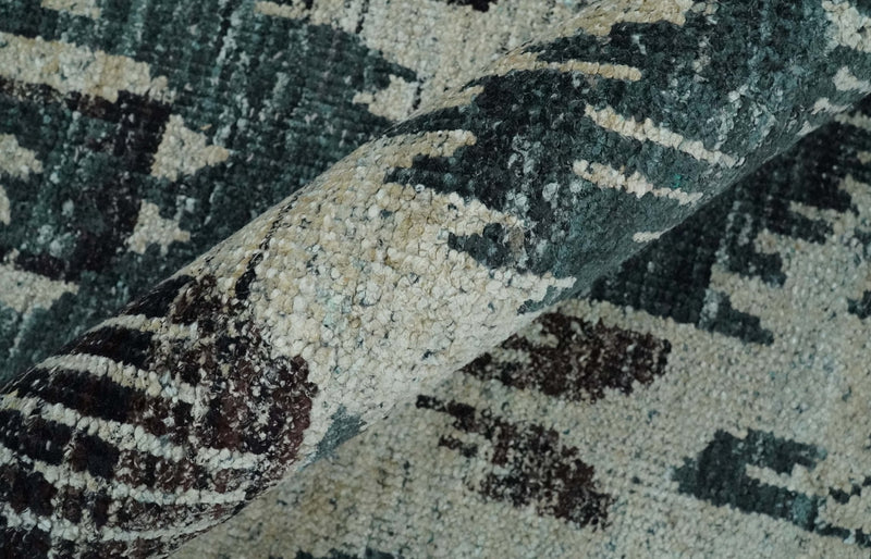 9x12 Hand Knotted Ivory, Teal and Brown  Antique Persian Style Contemporary Recycled Silk Area Rug | OP38