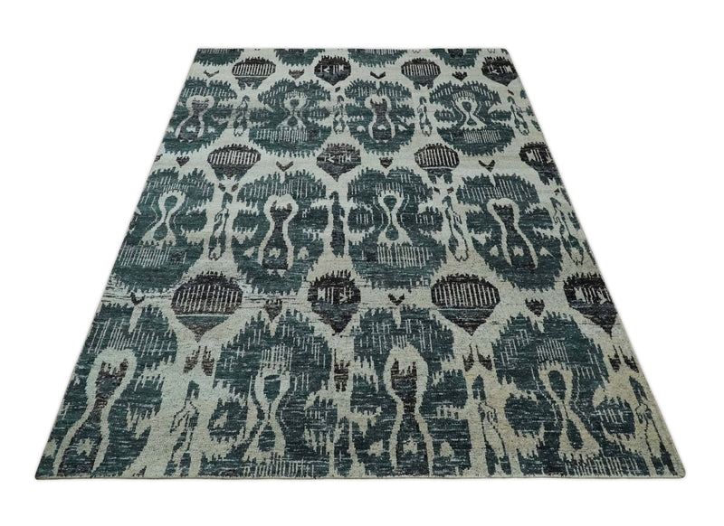 9x12 Hand Knotted Ivory, Teal and Brown  Antique Persian Style Contemporary Recycled Silk Area Rug | OP38