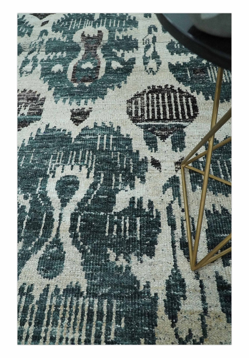 9x12 Hand Knotted Ivory, Teal and Brown  Antique Persian Style Contemporary Recycled Silk Area Rug | OP38