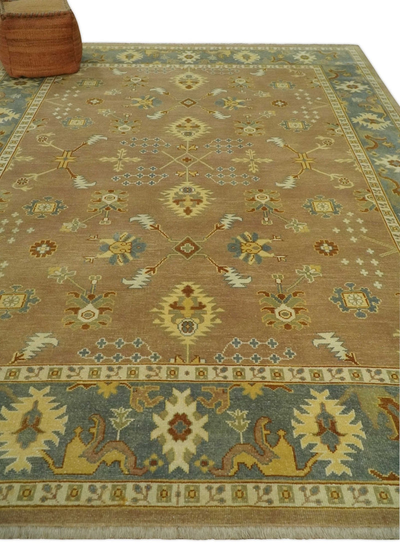 9x12 Hand Knotted Light Rust and Blue Traditional Wool Area Rug, Kids, Living Room and Bedroom Rug | AC38912