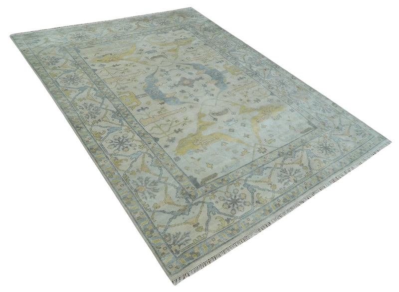 9x12 Hand Knotted Oriental Oushak Ivory, Charcoal and Yellow Wool Area Rug