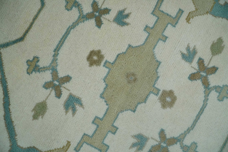 9x12 Hand Knotted Oriental Oushak Ivory, Teal and Beige Wool Area Rug