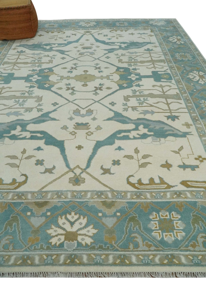 9x12 Hand Knotted Oriental Oushak Ivory, Teal and Beige Wool Area Rug