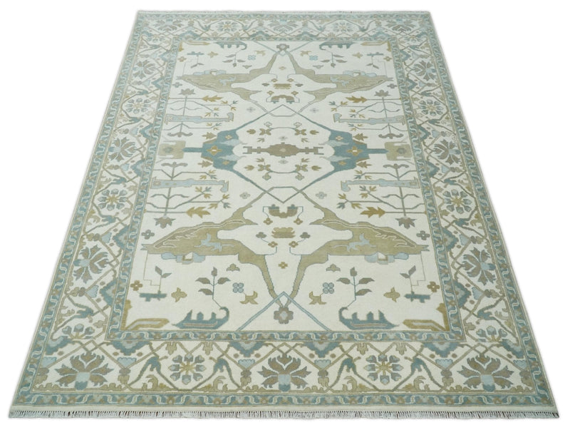 9x12 Hand Knotted Oriental Oushak Ivory, Teal and Beige Wool Area Rug