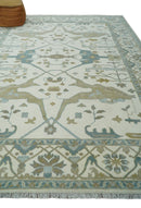 9x12 Hand Knotted Oriental Oushak Ivory, Teal and Beige Wool Area Rug