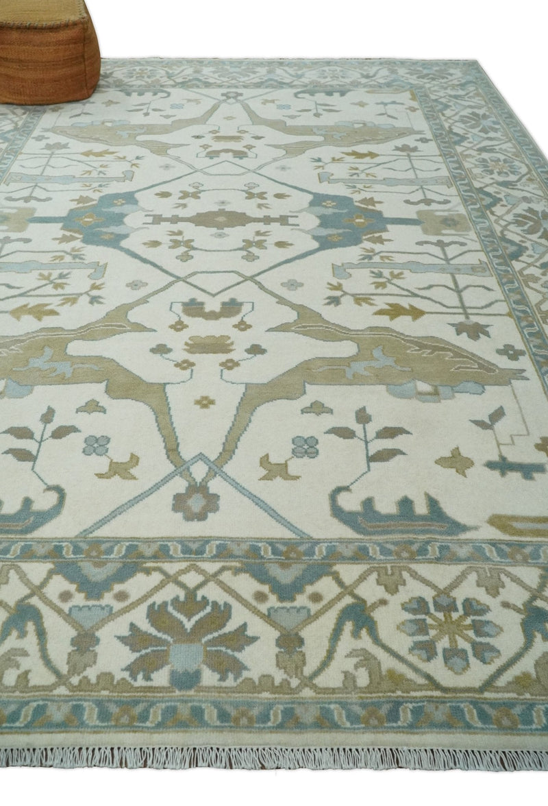 9x12 Hand Knotted Oriental Oushak Ivory, Teal and Beige Wool Area Rug