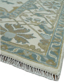 9x12 Hand Knotted Oriental Oushak Ivory, Teal and Beige Wool Area Rug