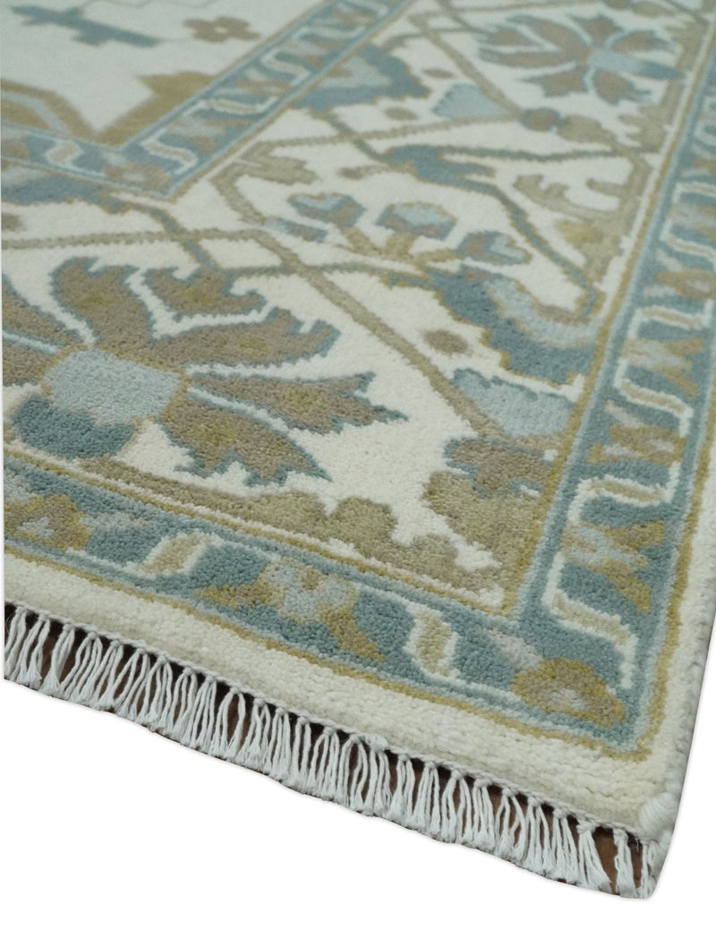 9x12 Hand Knotted Oriental Oushak Ivory, Teal and Beige Wool Area Rug