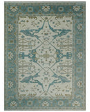 9x12 Hand Knotted Oriental Oushak Ivory, Teal and Beige Wool Area Rug