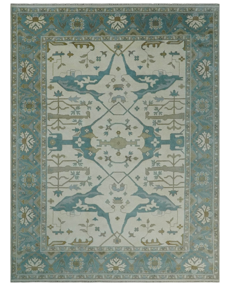 9x12 Hand Knotted Oriental Oushak Ivory, Teal and Beige Wool Area Rug