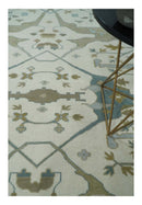 9x12 Hand Knotted Oriental Oushak Ivory, Teal and Beige Wool Area Rug