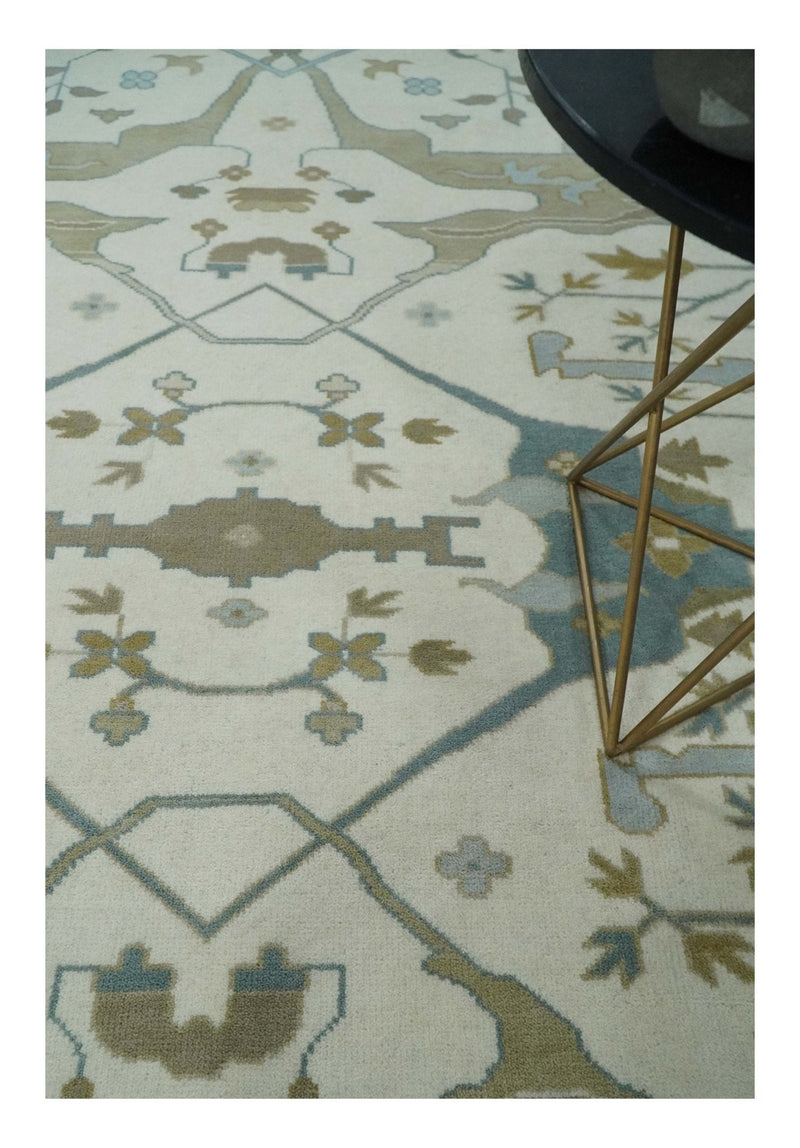 9x12 Hand Knotted Oriental Oushak Ivory, Teal and Beige Wool Area Rug