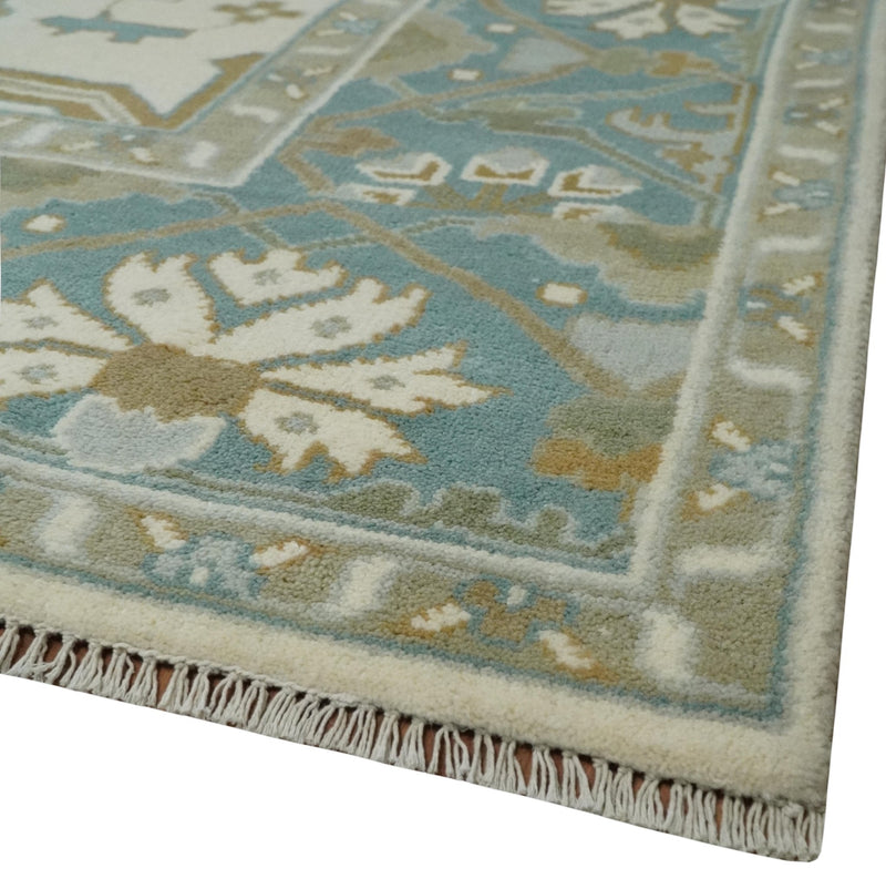 9x12 Hand Knotted Oriental Oushak Ivory, Teal and Beige Wool Area Rug