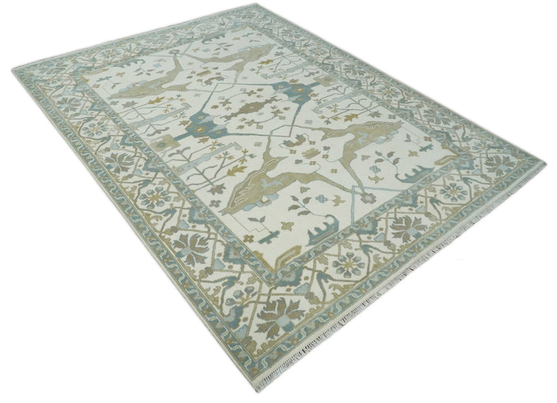 9x12 Hand Knotted Oriental Oushak Ivory, Teal and Beige Wool Area Rug