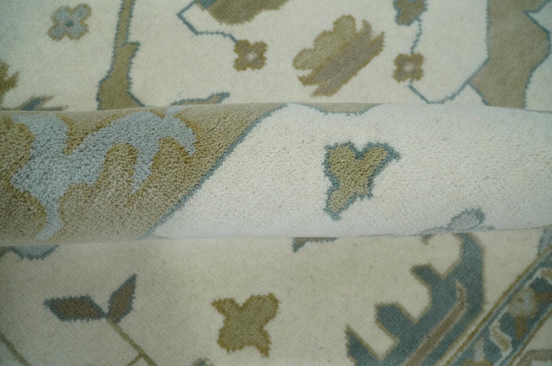 9x12 Hand Knotted Oriental Oushak Ivory, Teal and Beige Wool Area Rug