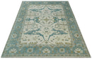 9x12 Hand Knotted Oriental Oushak Ivory, Teal and Beige Wool Area Rug