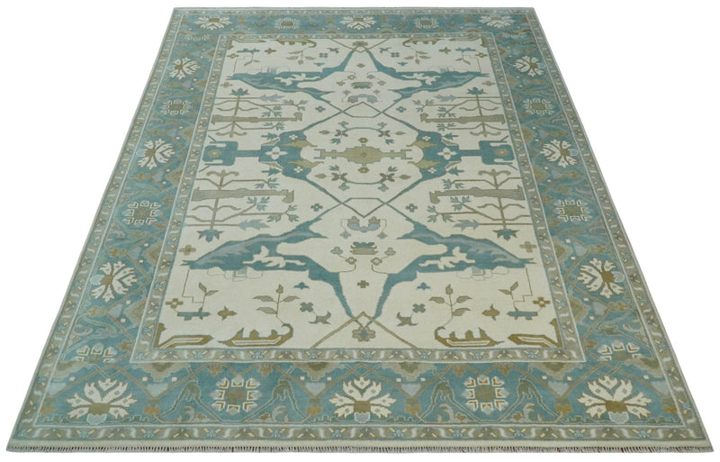 9x12 Hand Knotted Oriental Oushak Ivory, Teal and Beige Wool Area Rug