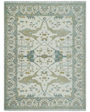 9x12 Hand Knotted Oriental Oushak Ivory, Teal and Beige Wool Area Rug