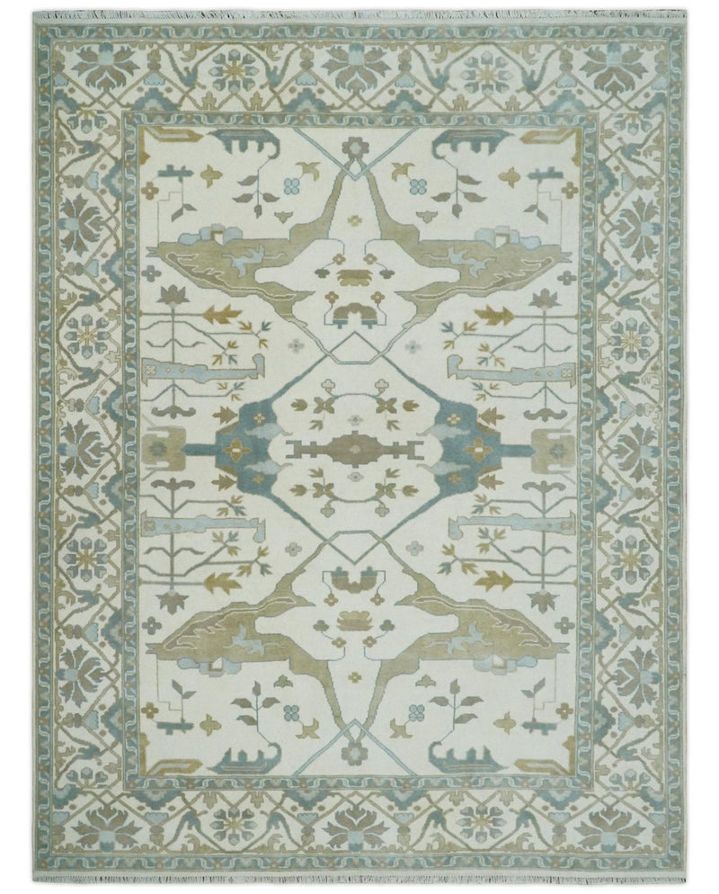 9x12 Hand Knotted Oriental Oushak Ivory, Teal and Beige Wool Area Rug