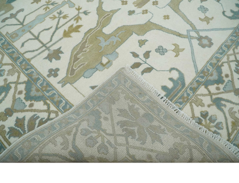 9x12 Hand Knotted Oriental Oushak Ivory, Teal and Beige Wool Area Rug