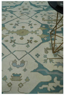9x12 Hand Knotted Oriental Oushak Ivory, Teal and Beige Wool Area Rug