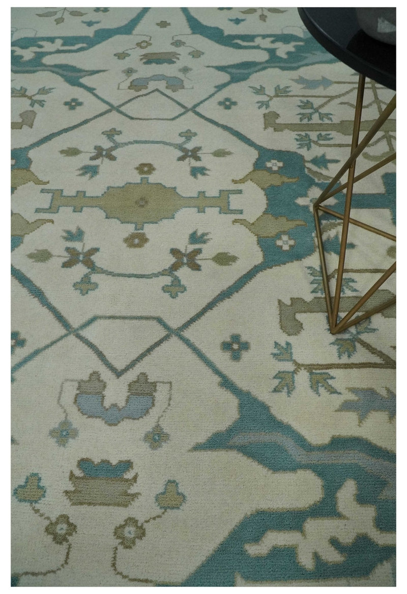 9x12 Hand Knotted Oriental Oushak Ivory, Teal and Beige Wool Area Rug