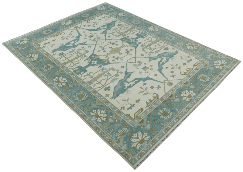 9x12 Hand Knotted Oriental Oushak Ivory, Teal and Beige Wool Area Rug