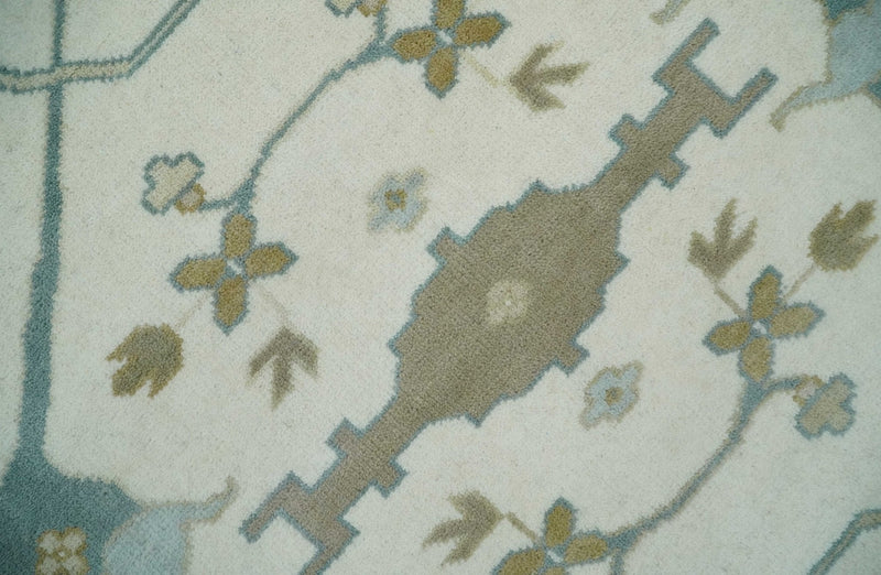 9x12 Hand Knotted Oriental Oushak Ivory, Teal and Beige Wool Area Rug