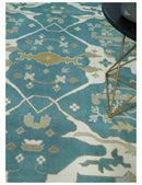 9x12 Hand Knotted Oriental Oushak Teal, Ivory and Beige Wool Area Rug